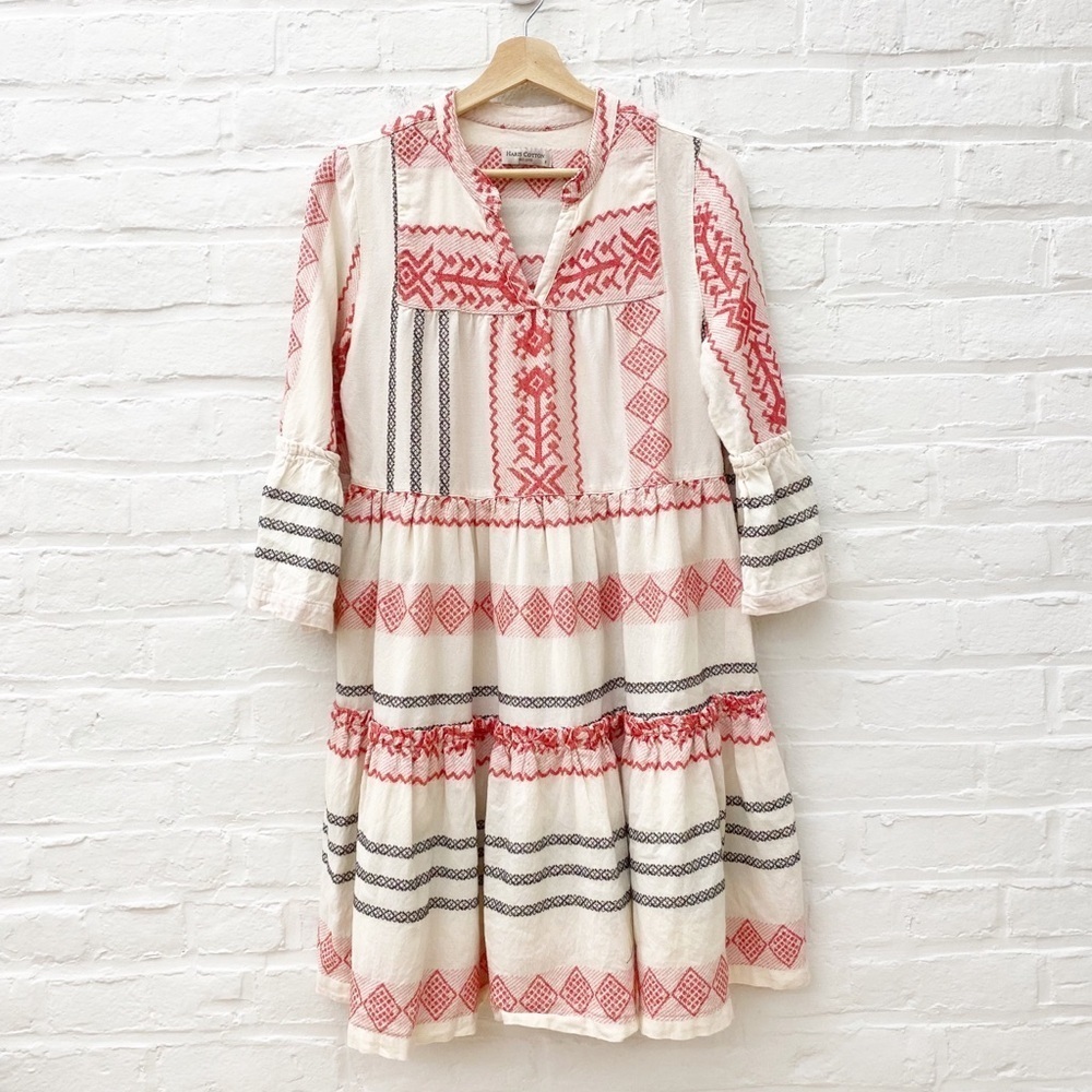 Haris Cotton || Tiered Embroidered Cotton‎ Dress Sleeves Greece Cream Red Small
